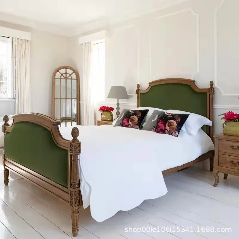 Carved vintage distressed classical solid wood upholstery white green fabric soft bedroom hotel B&B double bed