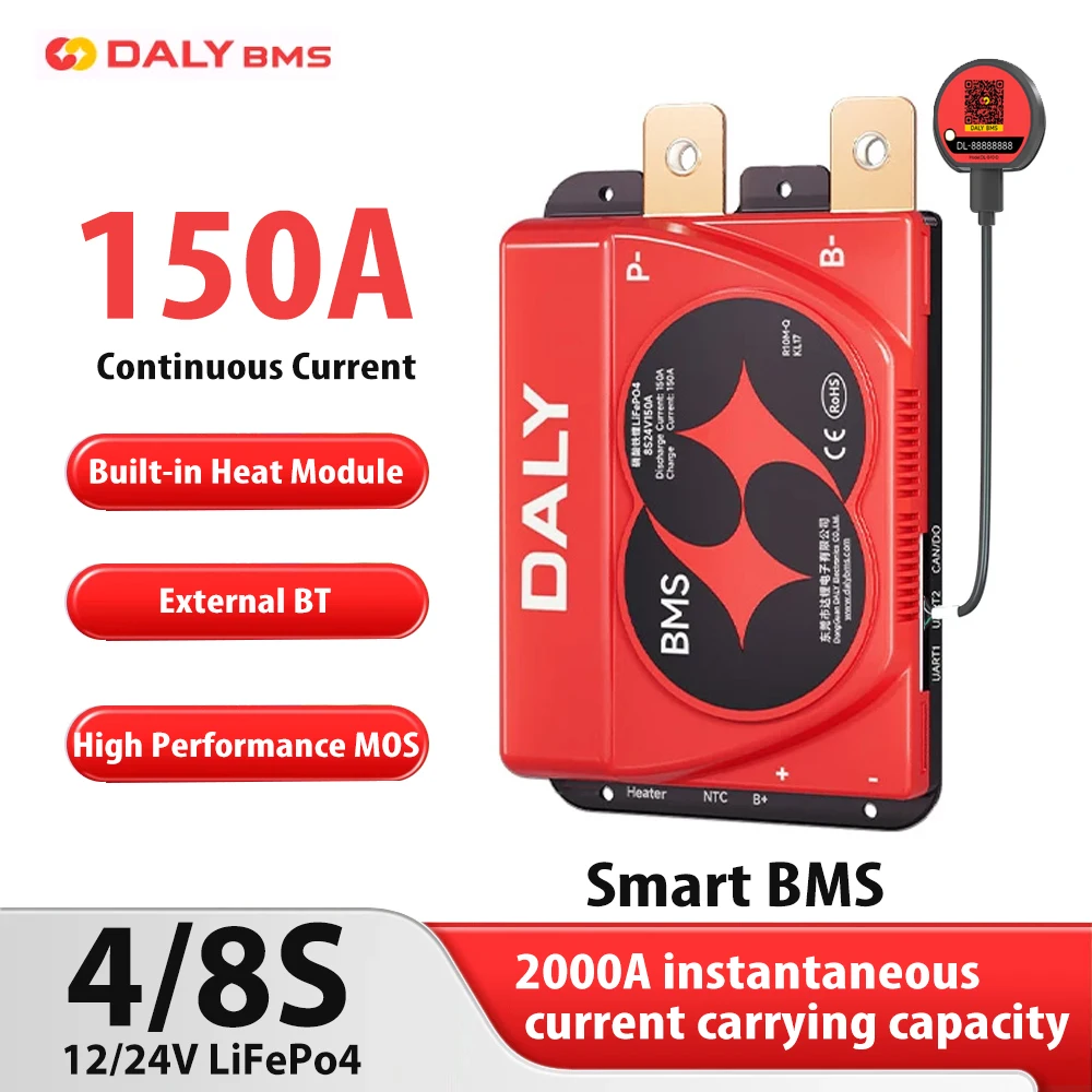 Daly 4/8S 150A Smart BMS LiFePO4 High Performance Lithium Battery Protection Board for RV Energy Storage BT APP Uart CAN