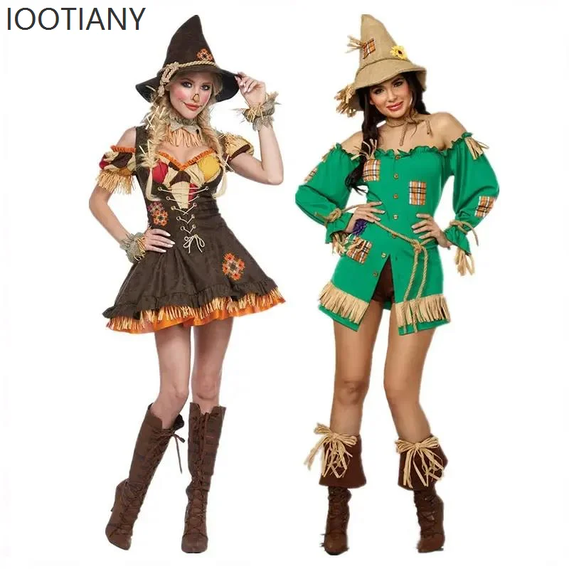 

2025 New Halloween Green Scarecrow Cosplay Fancy Dress Party Costume Set Carnival Anime Circus Funny Clown Masquerade Costume