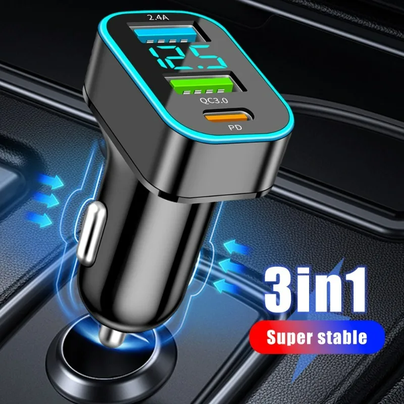 4ports Car Phone Charger PD 30W USB 3.1 QC 3.0 Gidital Display Car Power Adapter for Iphone Xiaomi Samsung Huawei Car Charger