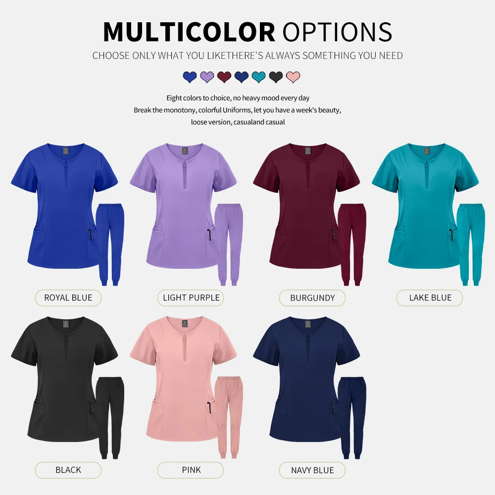 7 ألوان سستة الرقبة التمريض موحدة قصيرة الأكمام طبيب العمل بلايز السراويل بالجملة تنفس الزي الطبي الدعك دعوى النساء