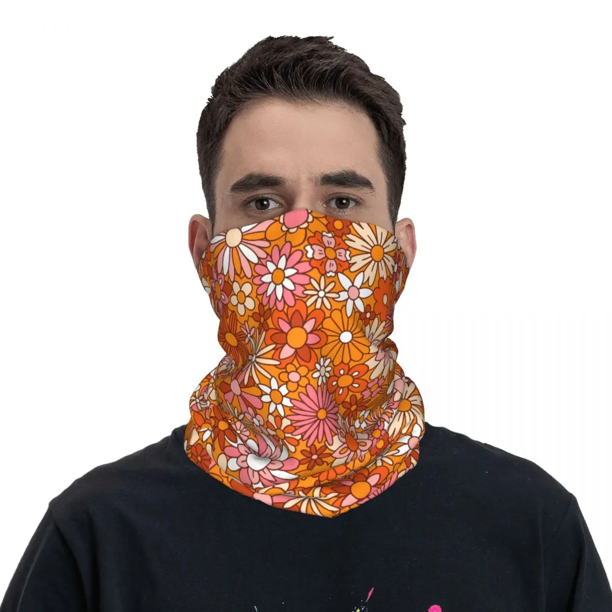 Copri collo bandana con fiori arancioni e rosa Sciarpa per il viso stampata Sciarpa da ciclismo multifunzione Sport all'aria aperta per uomo Lavabile per adulti