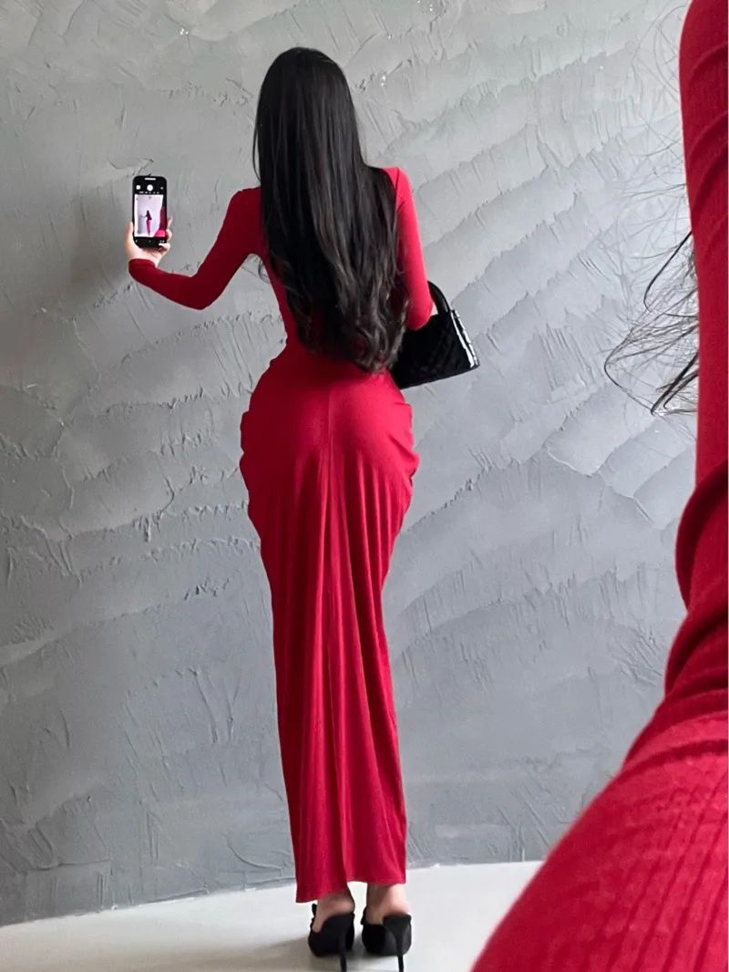 

Sexy V High Waist Slim Pleated Dresses Long Sleeved Dress Long Dress Elegant Fashion Sweet Women Robe 2024 New Korean Top Z079