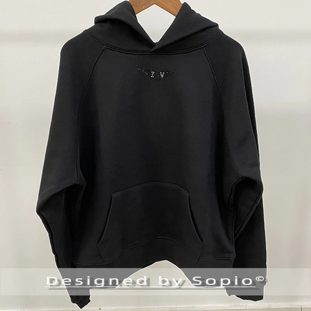 

Черные толстовки со стразами, женские осенне-зимние толстовки большого размера с длинными рукавами, топы, женская модная толстовка с капюшоном, уличная одежда 2026