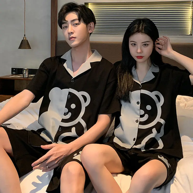 Couple pajamas summer ice silk short-sleeved thin section cute men and women shorts short-sleeved summer home wear suit