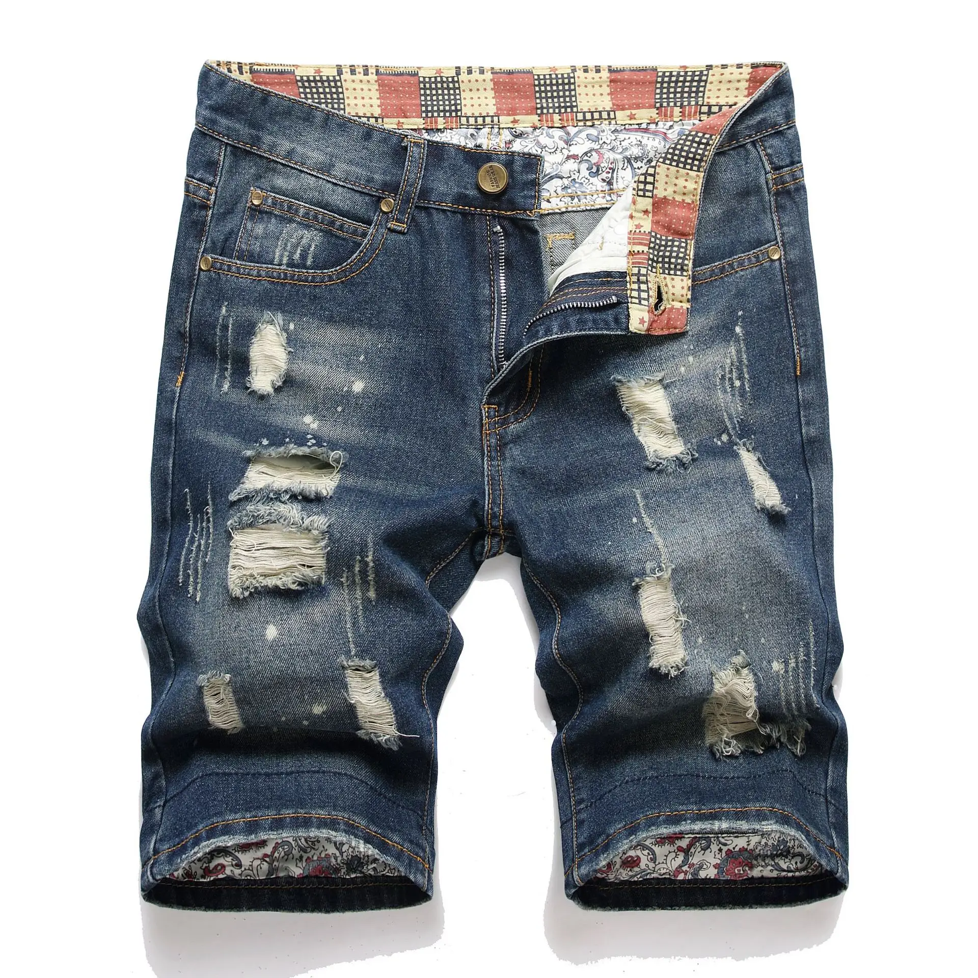 2023 New Hole Denim Shorts Men's Patch Jeans Short Jeans Summer Streetwear Fashion Large Size Ripped Jeans