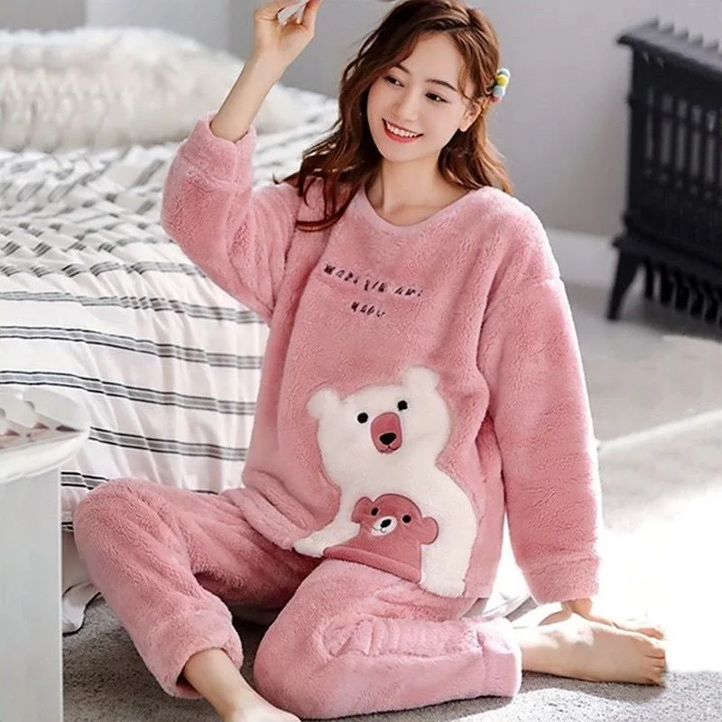 Autumn Winter Cartoon Pajamas Sets for Women Warm Thicken Pajamas Long Sleepwear Girl Night Suits Coral Fleece Homewear Clothes