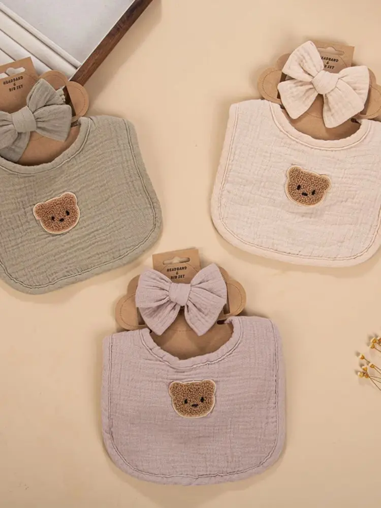2 pièces/ensemble gros nœud mousseline coton Nylon bandeaux gaze bébé bavoirs mignon ours serviette salive nouveau-né alimentation roter Colths enfants chapeaux