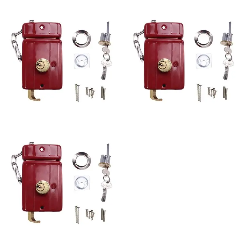 

3X Cast Iron Lock Exterior Door Multiple Insurance Security Indoor Dormitory With Key Wooden Door Lock