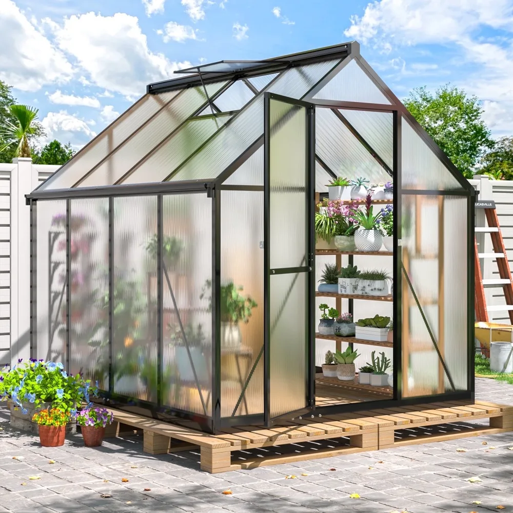 

6'x7' Outdoor Greenhouse, Walk-in Polycarbonate Green House with Aluminum Frame for Backyard, Black