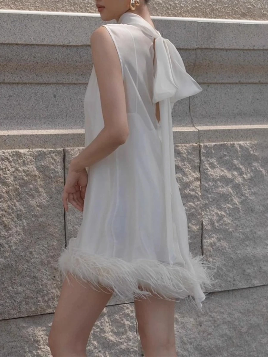 Twotwinstyle solto sheer emendado penas vestidos elegantes para mulheres em torno do pescoço sem mangas casual mini vestido roupas femininas novo