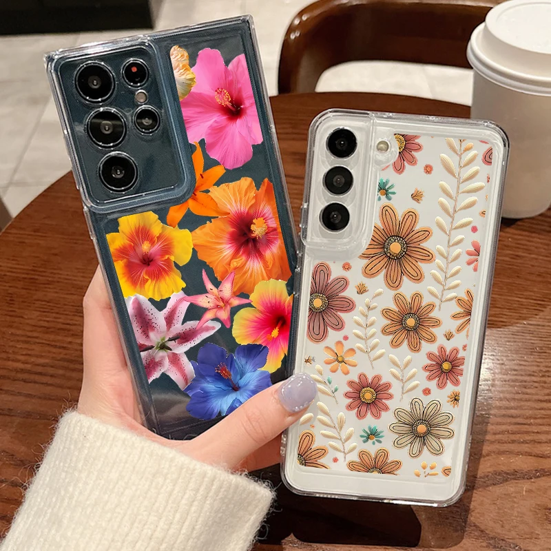 

Прозрачный чехол для телефона Samsung Galaxy S25 Edge S23 S22 Ultra Plus S24 FE A17 A56 A16 A15 A55 A54 A36 Summer Pink Flower Soft Cover