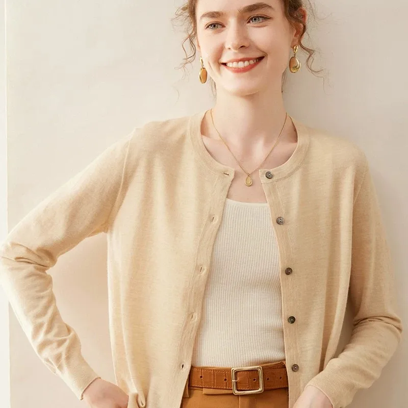 

Worsted 100% cashmere cardigan women's round-neck loose knitted spring and autumn jacket commuting simple shirt top