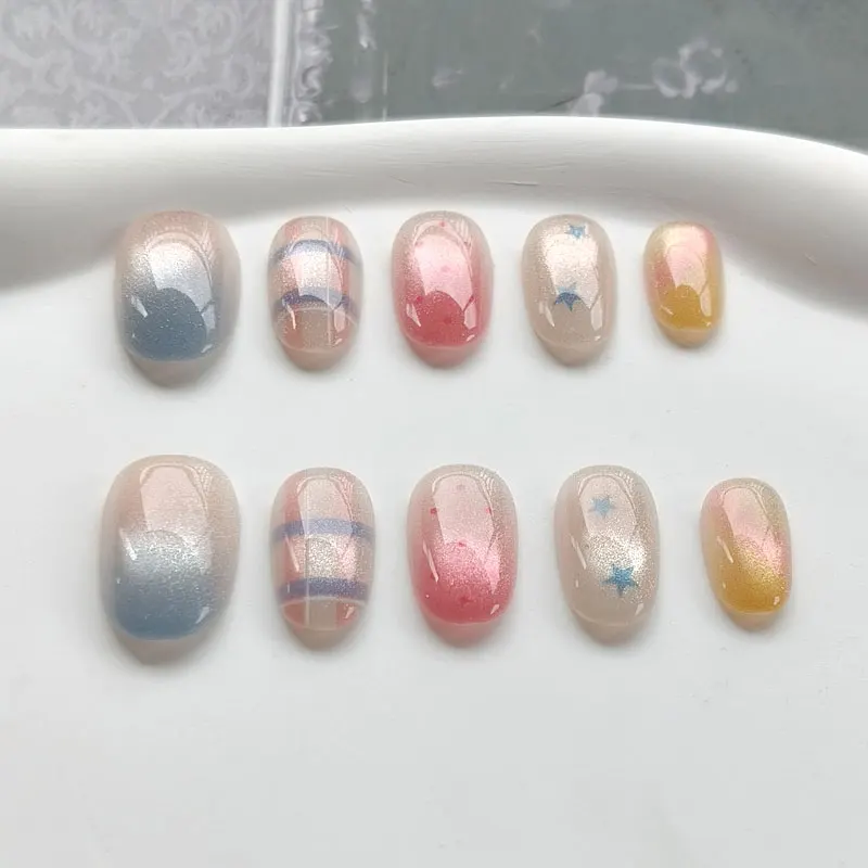 10 Stück Bunte Karierte Stern-Ösen Fein Glitzernde Ösen Mandel-Design Hochwertige Aufklebbare Nägel Maniküre-Aufkleber Press-on-Nägel – Detail 13