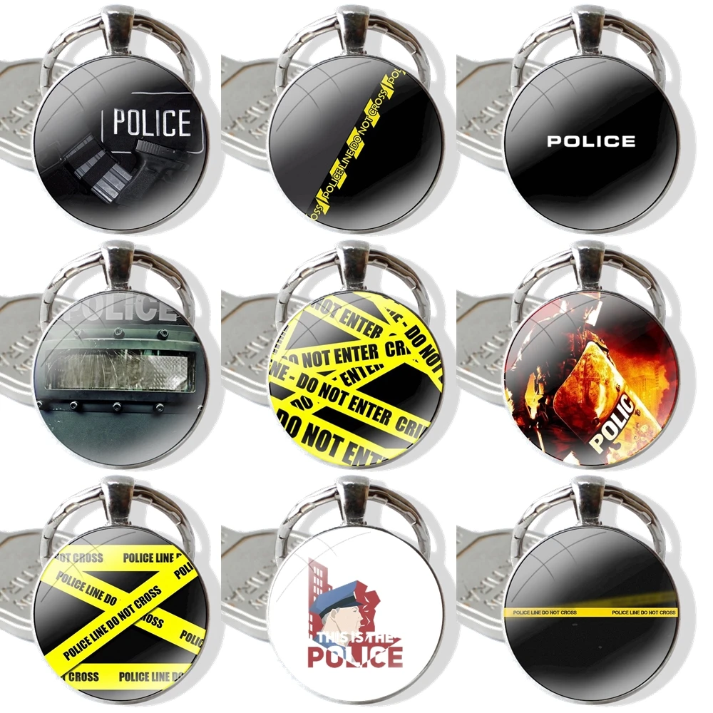 police symbol 25mm Glass Cabohcon Keychain Key Rings for Women Men Jewelry Gift