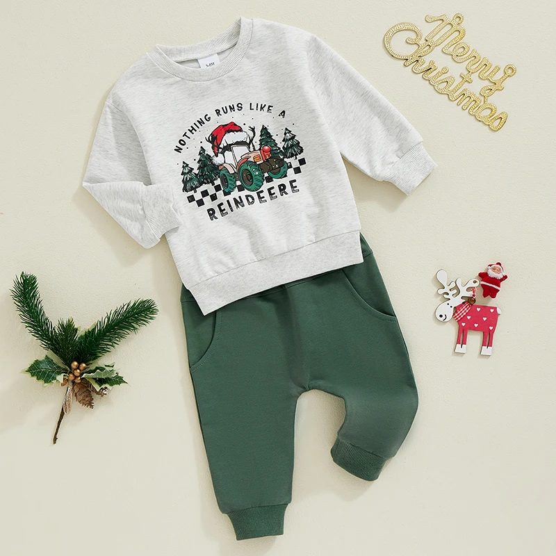 2024-07-01 Lioraitiin Baby Boy Christmas Outfits Long Sleeve Sweatshirt + Reindeer Truck Print Pants Set Toddler Clothes