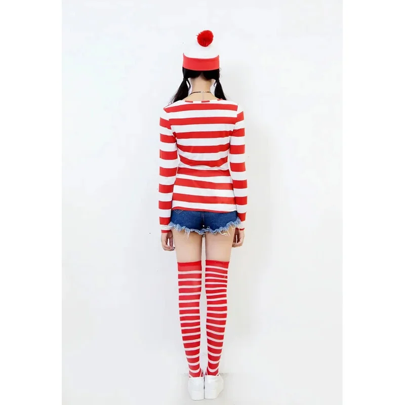 Adultos Hombres Damas Wally Wenda Waldo Disfraz de personaje Traje rojo blanco Semana del libro Vestido de lujo Incluye camisa Sombrero Gafas