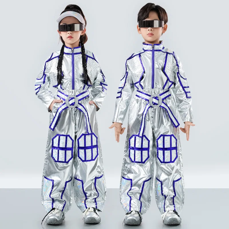 

Kids Boys Girls Laser Robot Performance Costume Silver Shirt Pant Sets Children Hip Hop Jazz Blouses Trousers Dance Team Clothes