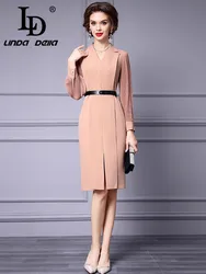 LD LINDA DELLA Autumn Winter Women's New Style Commuter Dress V-Neck Lantern Sleeved Slim-Fit Hip Wrap Lace-UP Straight Dresses