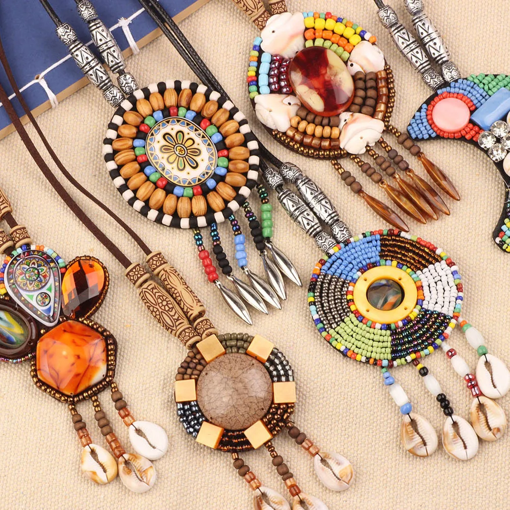 Exotic Vintage Handmade Bohemian Geometric Pendant Ethnic Tribal Jewelry Leather Necklace