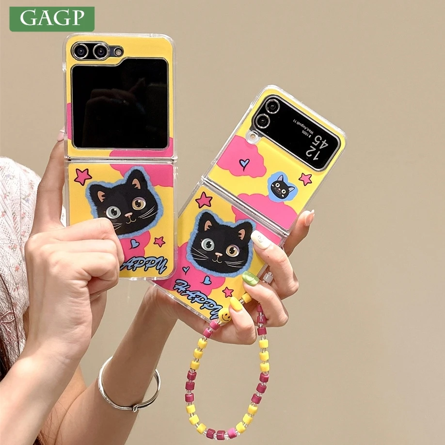Caso de telefone com corrente para Samsung Galaxy Z Flip, linda pulseira gato dos desenhos animados, capa dobrável, contraste cor, Flip 4, Flip 3, 5, linda