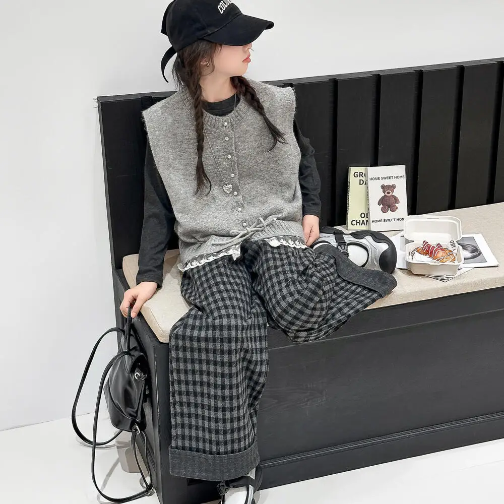 

Kawaii модный свитер для девочек, футболка, клетчатый комплект со штанами, студенческий осенний повседневный трикотаж, жилет и брюки, комплект из 3 предметов, детская одежда