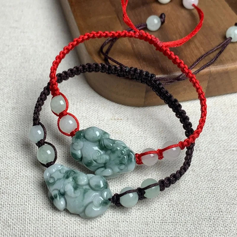

Natural Emerald Burmese Jade Hand Knitting DIY Pixiu Beads Bracelet Jadeite Hand Woven Amulet Fashion Jewelry Gift for Women