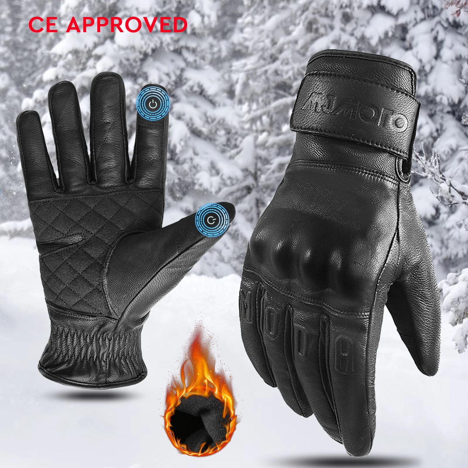 Retro Winter Motorcycle Leather Gloves with Certified Lined with Fleece for Warmth Protective Anti-fall Touch Motocross Gloves