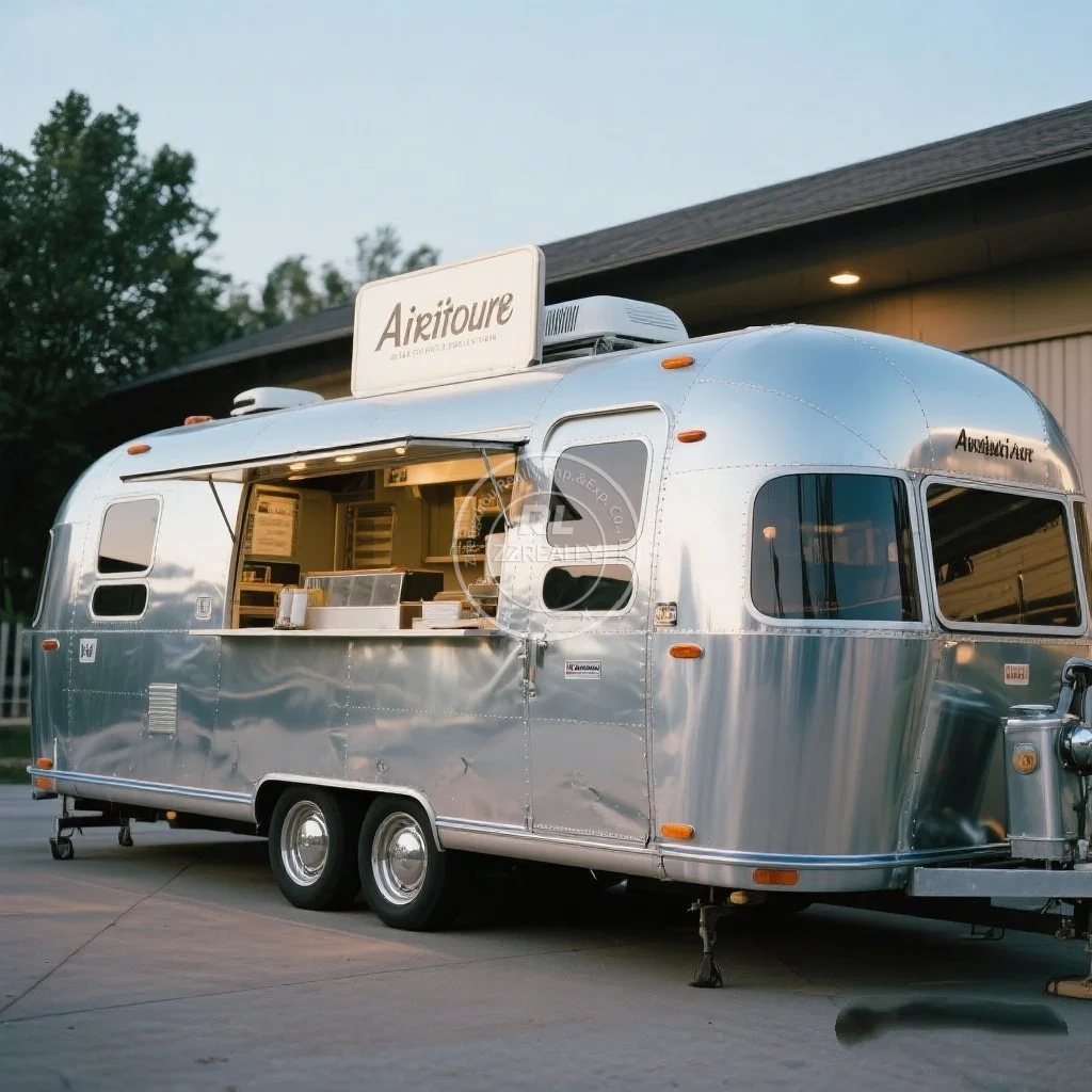 

Air Stream Food Trailer, Mobile Kitchen Vending Cart with Concession Window, Ice Cream, Pizza, and Donut Trailer
