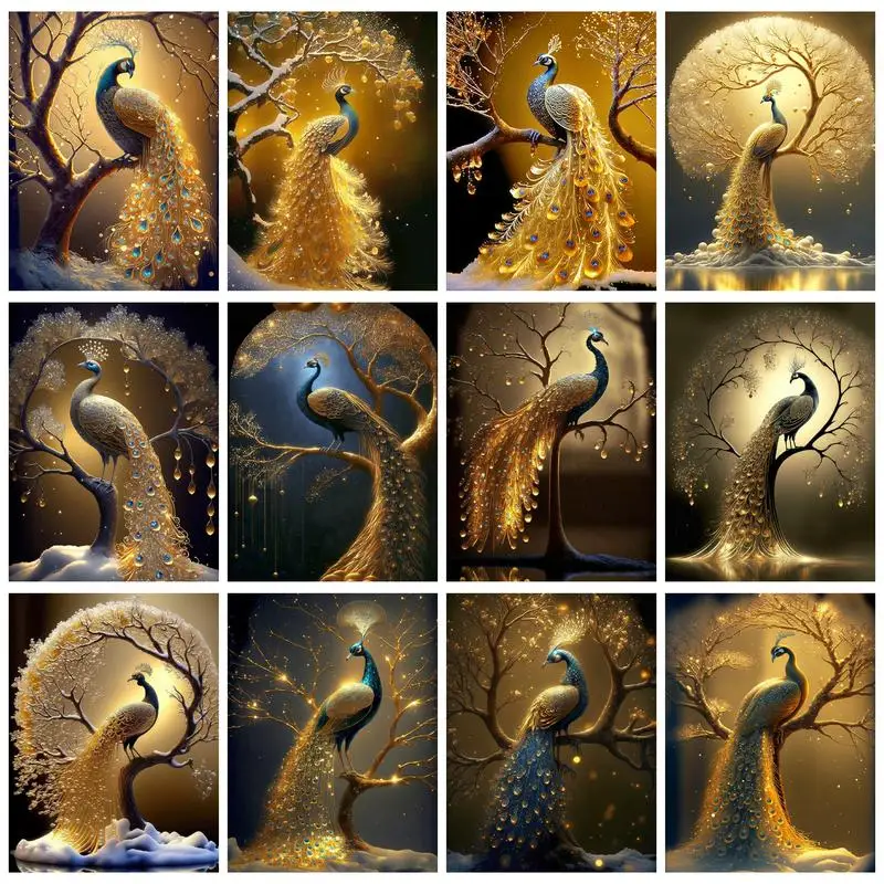 

CHENISTORY Acrylic Painting By Numbers Handmade Paint Kit Golden Peacock For Adults Coloring By Number Gift Home Decoration