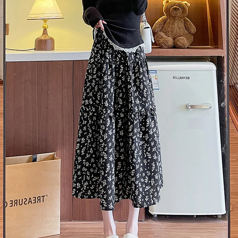 Chic Floral พิมพ์กระโปรงยาวผู้หญิงฤดูใบไม้ผลิฤดูใบไม้ร่วงใหม่เอวยางยืด Big Swing A-Line กระโปรงผู้หญิงความงาม Vintage Midi กระโปรง