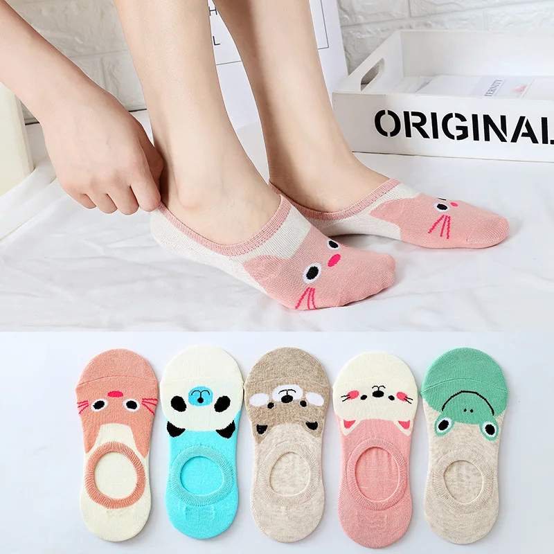 5 Pairs/lot Cute Harajuku Animal Socks Women Summer Korean Cat Bear Rabbit Funny Low Cut Ankle Sock Happy Sox Kawaii Socks