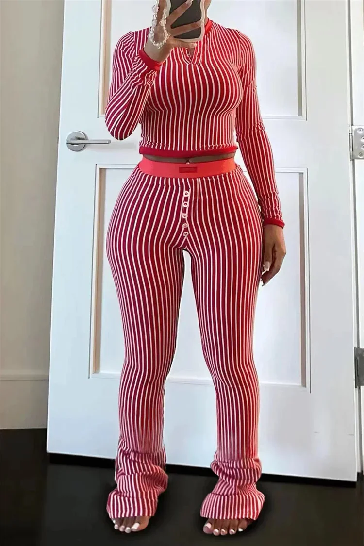 

Striped Two Piece Set Women Sexy O-neck Long Sleeve Tops+High Waist Stretchy Pants Outfit