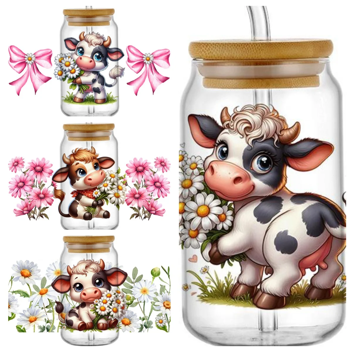 Niedliche Blumen-Kuh-Baby-Serie, einfach abziehbare, wasserdichte DIY-Aufkleber, 3D-Transfer-Sticker, 16oz UV DTF Becherfolien für Libbey-Gläser