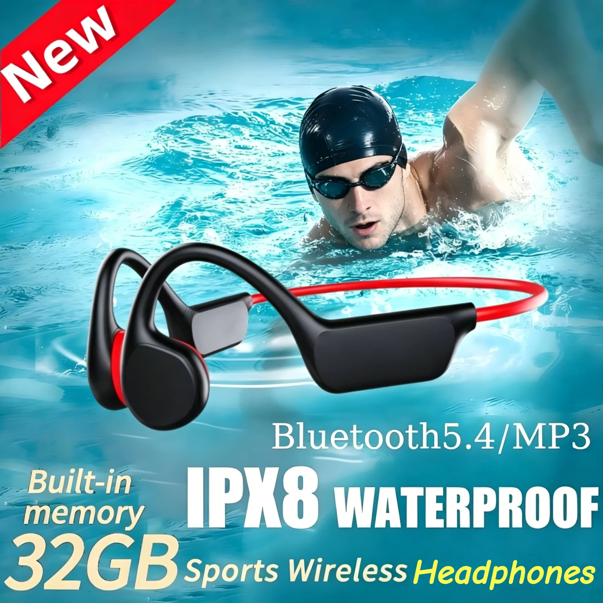 Auriculares de Conducción Ósea IPX8 Impermeables MP3 32GB Bluetooth 5.4 Auriculares Deportivos con Micrófono para Natación, Correr y Fitness 2026