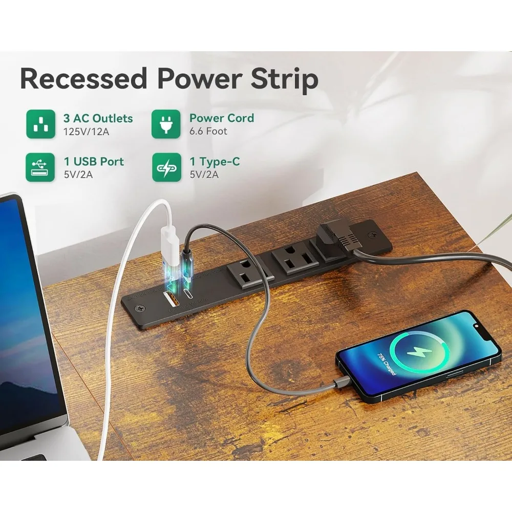 مكتب كمبيوتر كبير مقاس 51 بوصة مع أدراج قماشية، ومنافذ طاقة USB، ومكتب مكتب منزلي قابل للعكس مع أرفف تخزين، مثالي لـ