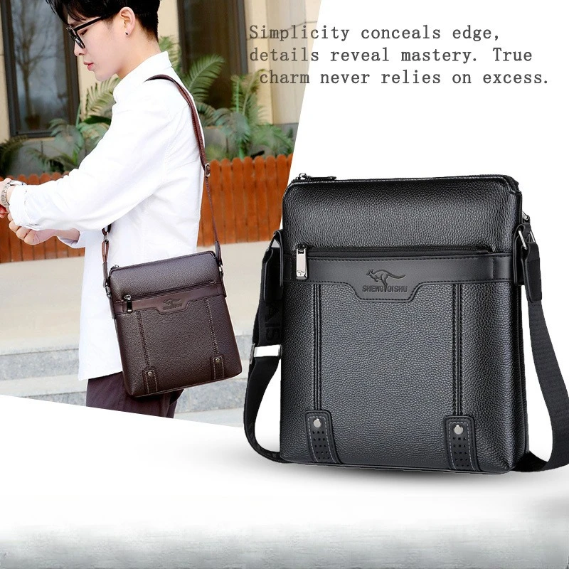 PU leather men's waterproof commuting single-shoulder crossbody bag, vertical square large-capacity business crossbody bag