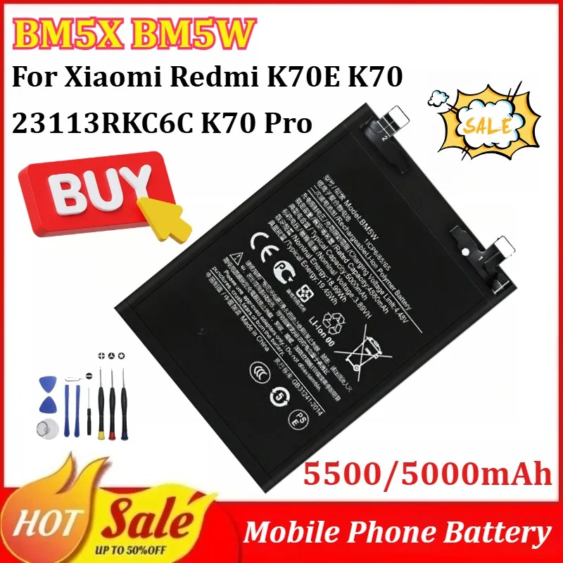

New BM5X BM5W 5500/5000mAh Mobile Phone Battery for Xiaomi Redmi K70E K70 23113RKC6C K70 Pro 23117RK66C with Tools