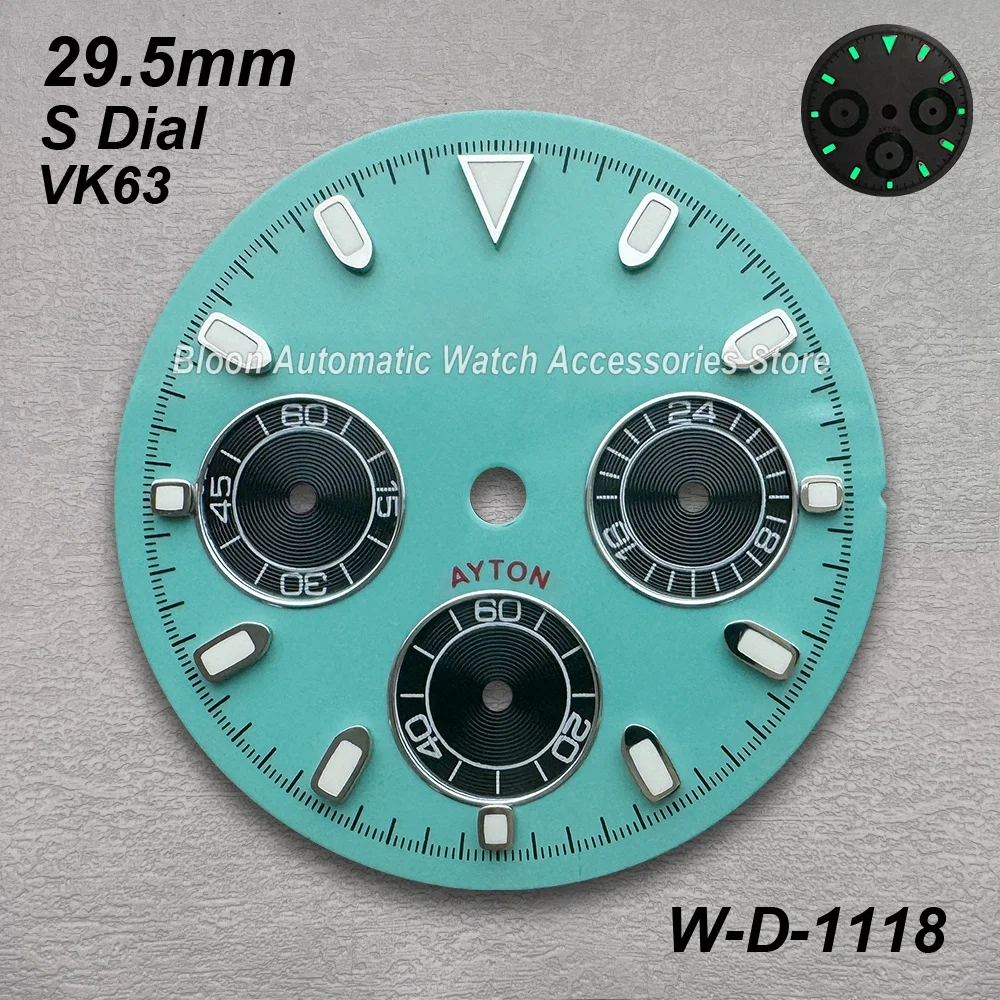 29.5mm S Logo Panda DTN Dial Fit VK63 Movement Green Luminous Diamond Good Quality Watch Modification Accessories