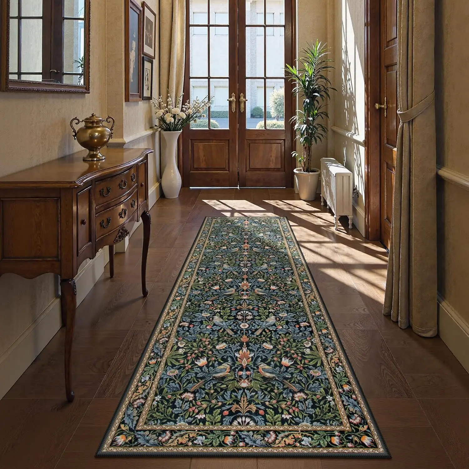 Non Slip Washable Runner Rug Ultra Thin, Boho Stain Resistant Kitchen Rug Botanical Decor for Entryway Bedroom Laundry Green