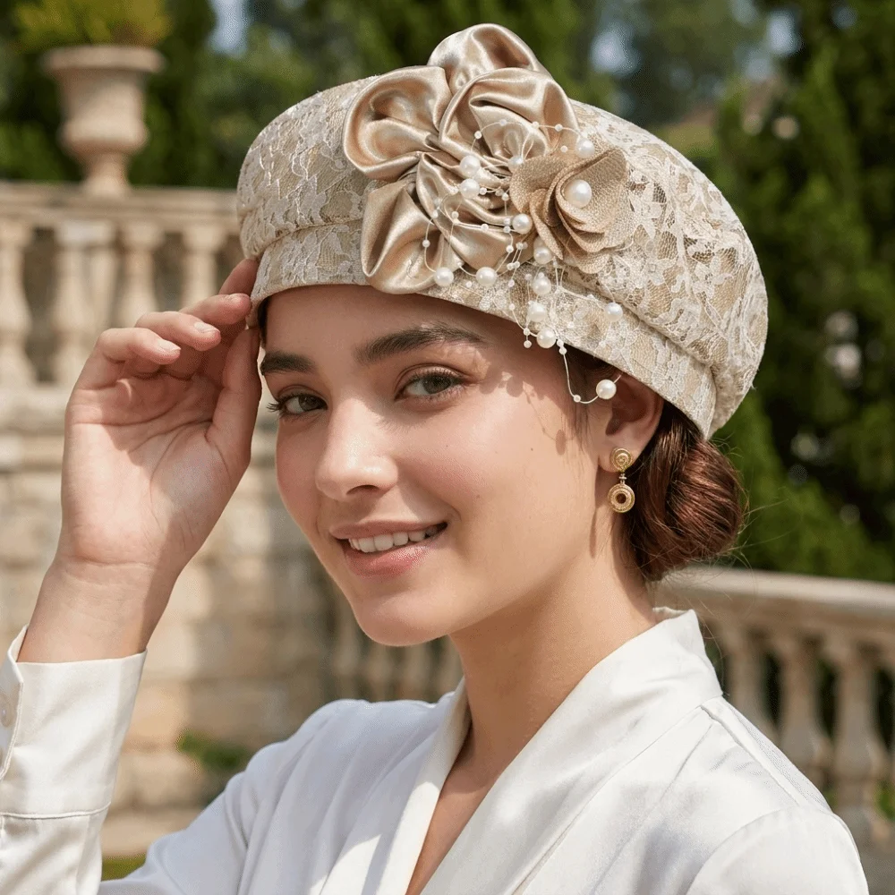 Soft Breathable Lace Beret Hat Stretch Fit Pearl Tassel Floral Decor Hat Polyester Comfortable Tea Party Cap Daily Wear