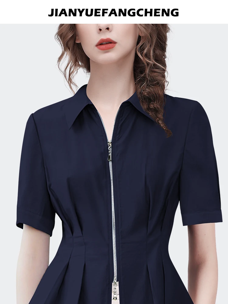 French Style Women\' Short Sleeve Turn-down Collar Blue Zip-up Shirt Elegant Slim Tunic Tops 2023 Summer Office Ladies Blouses