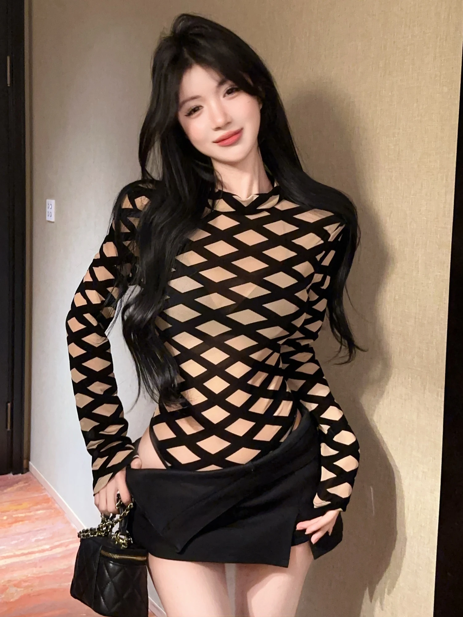 

2025 боди, женские модные сетчатые боди с длинным рукавом и воротником-стойкой, клетчатый узор, облегающие талии, облегающие топы для ночного клуба, шикарные топы