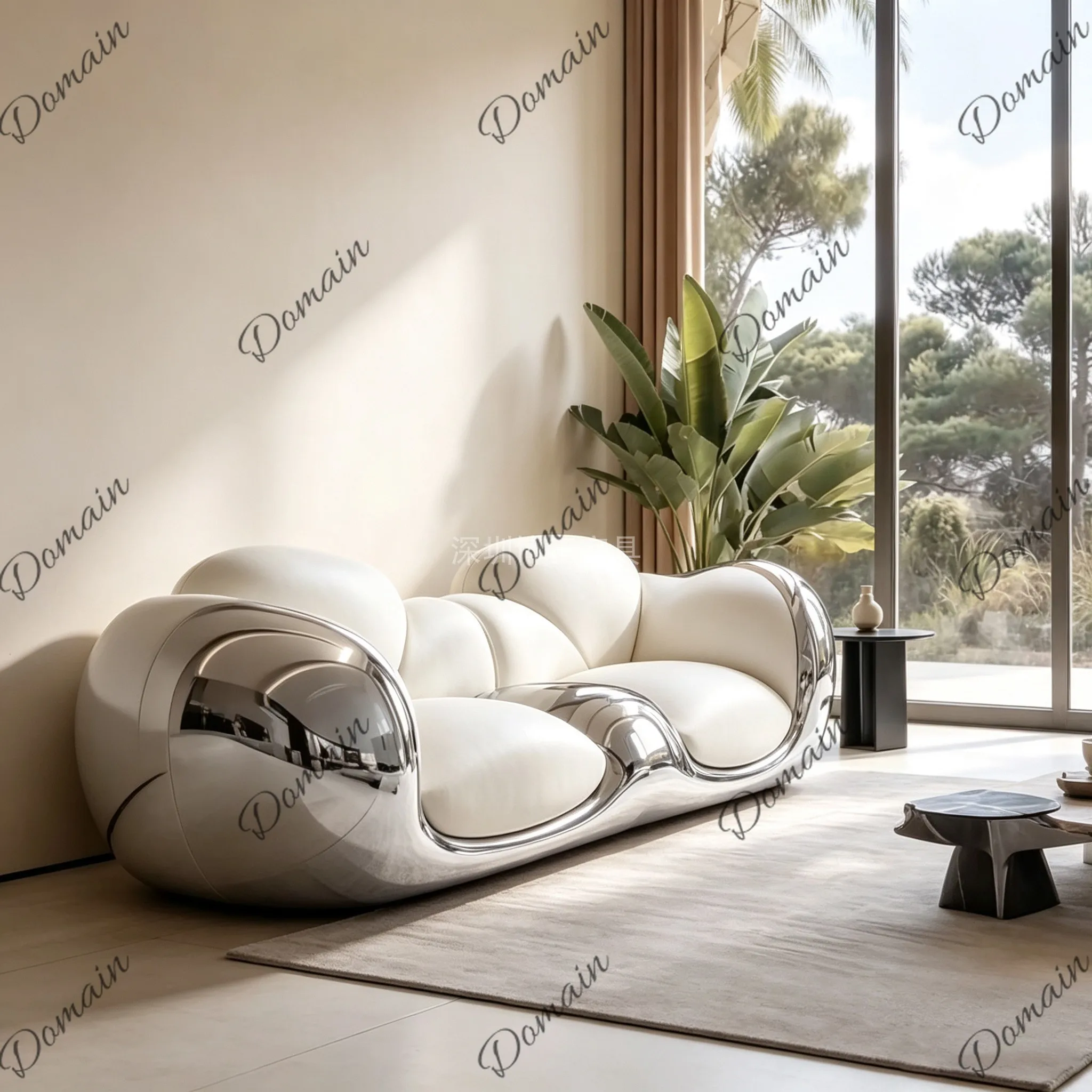 Italian designer light luxury art sofa, fiberglass electroplated frame, cream-style living room vertical sofa
