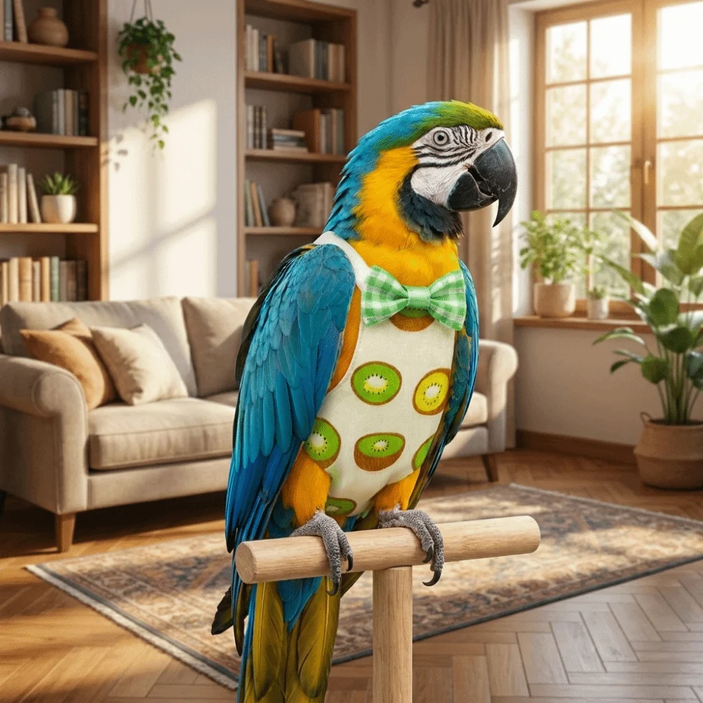 Adjustable Pet Parrot Diaper Fruit Pattern with Bowtie Bird Nappy Soft Fabric Breathable Bird Flight Suits Daily Wear