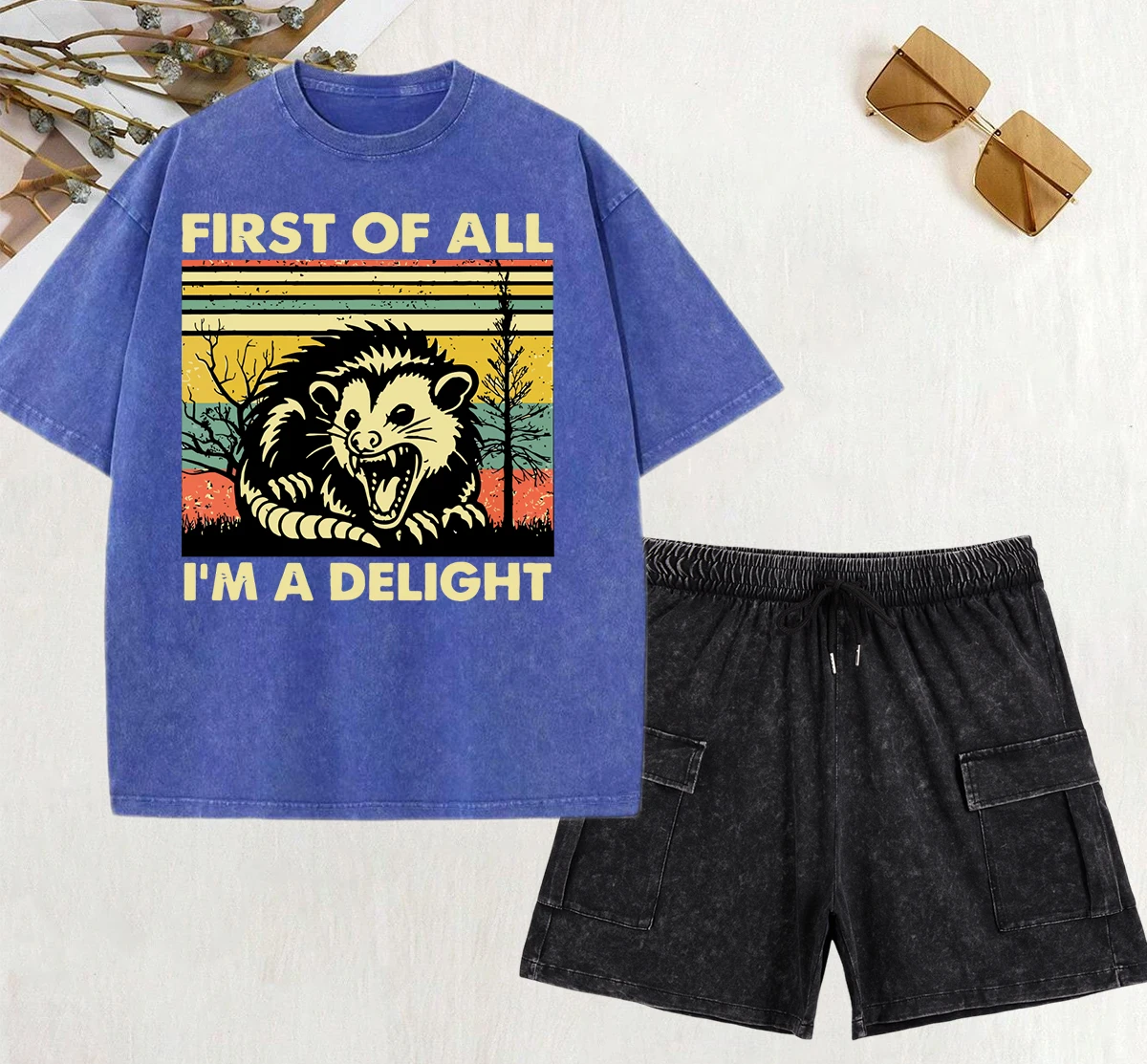 

First Of All I'M A Delight Prints Women Washed T-Shirt Set Casual Y2K Shorts Set Loose Pocket Pants Cotton Summer T Shirts