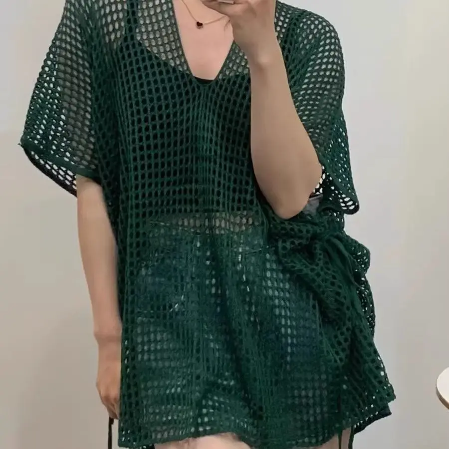 

Тонкий и стильный ажурный вязаный топ с v-образным вырезом для женщин, свободный и модный новый стильный универсальный пуловер в сетку, свитер