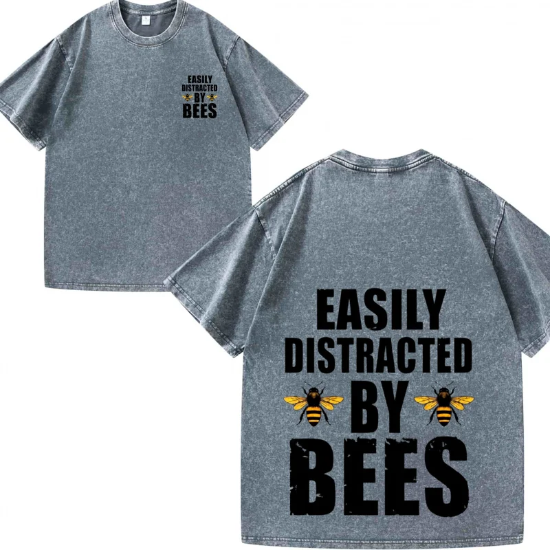 تي شيرت رجالي رمادي يشتت بسهولة بواسطة Bees Graphic Print كاجوال للارتداء اليومي، قمة الموضة الصيفية