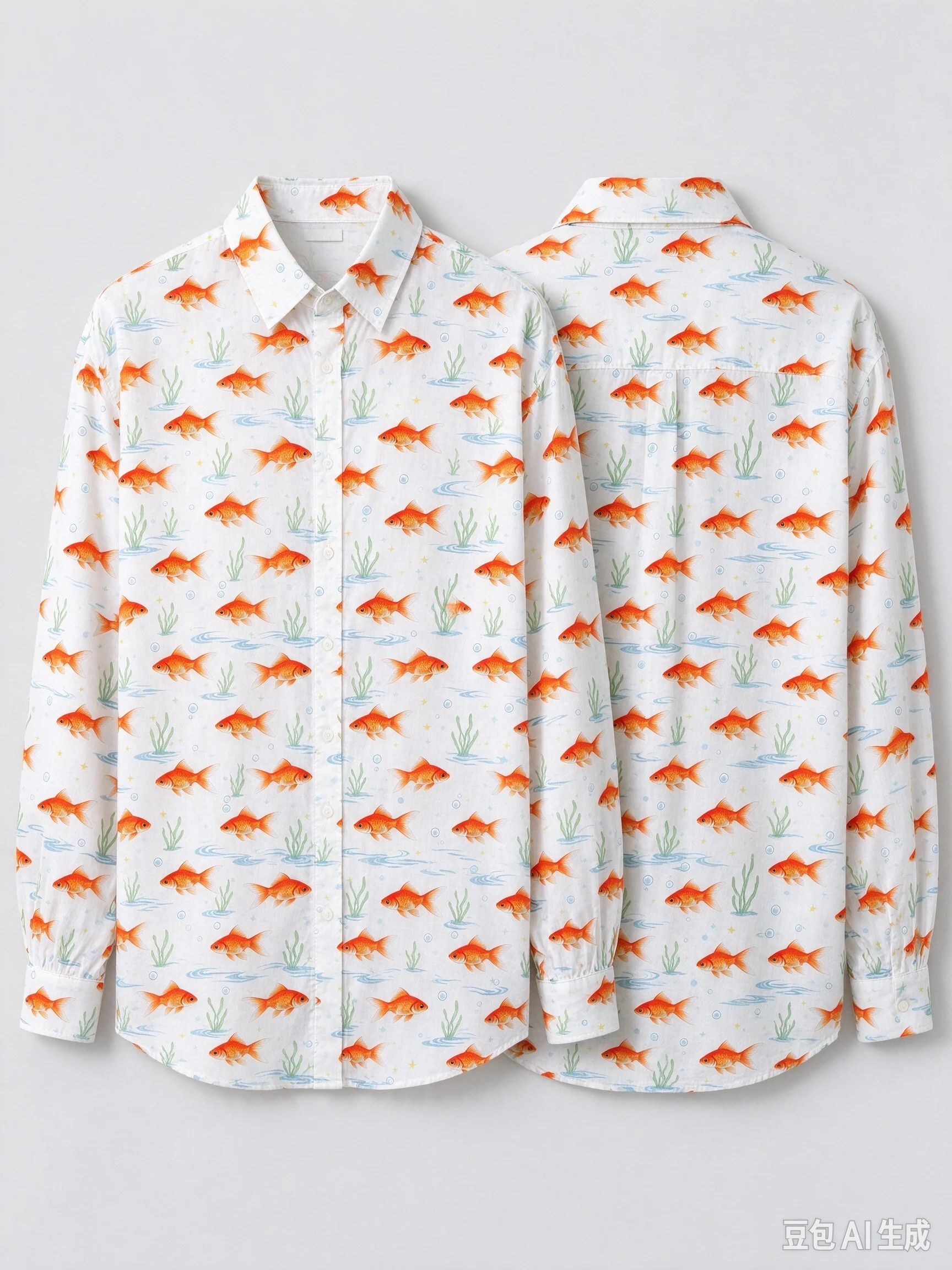 Unisex All Over Goldfish Print Long Sleeve Shirt, Loose Button Down Shirt with Front & Back Pattern for Men Women Cute Sea Anima
