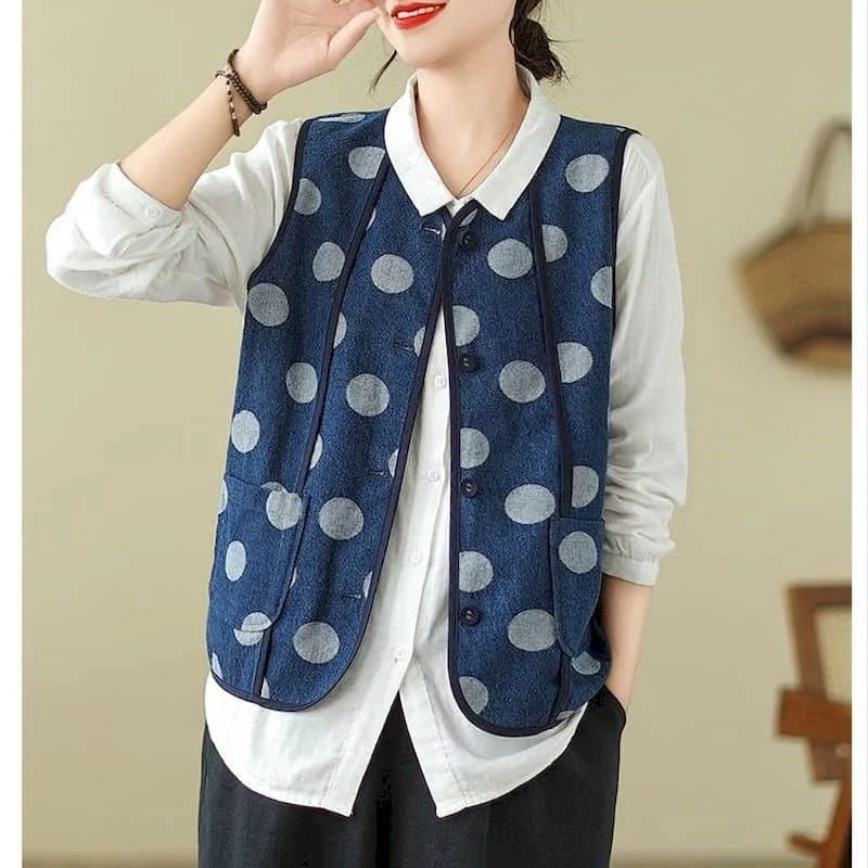 

Denim Vest for Women O-neck Artistic Casual Sleeveless Cardigans Korean Style Waistcoats Dot Printed Vintage Loose Women Tops